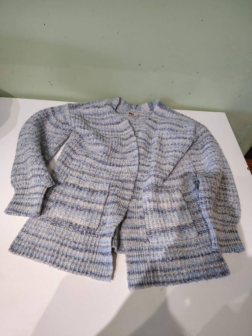 SO Girls Blue Medium Weight Cardigan Sweater Size 8 Casual Bubble Sleeve